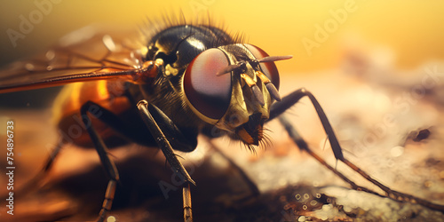 Housefly Head, insects, A fly on a piece of fruit, fly on the leaf, Generative AI photo