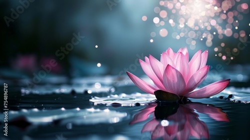 Magical Pink Lotus on Water with Shiny Blossom Light 