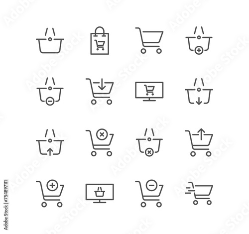Set of shopping cart related icons, express checkout, mobile shop, add, refresh and linear variety symbols. 