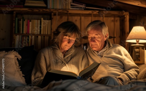 A man and woman are sitting on a bed reading a book. The scene is cozy and intimate, with the couple enjoying each other's company and the shared experience of reading