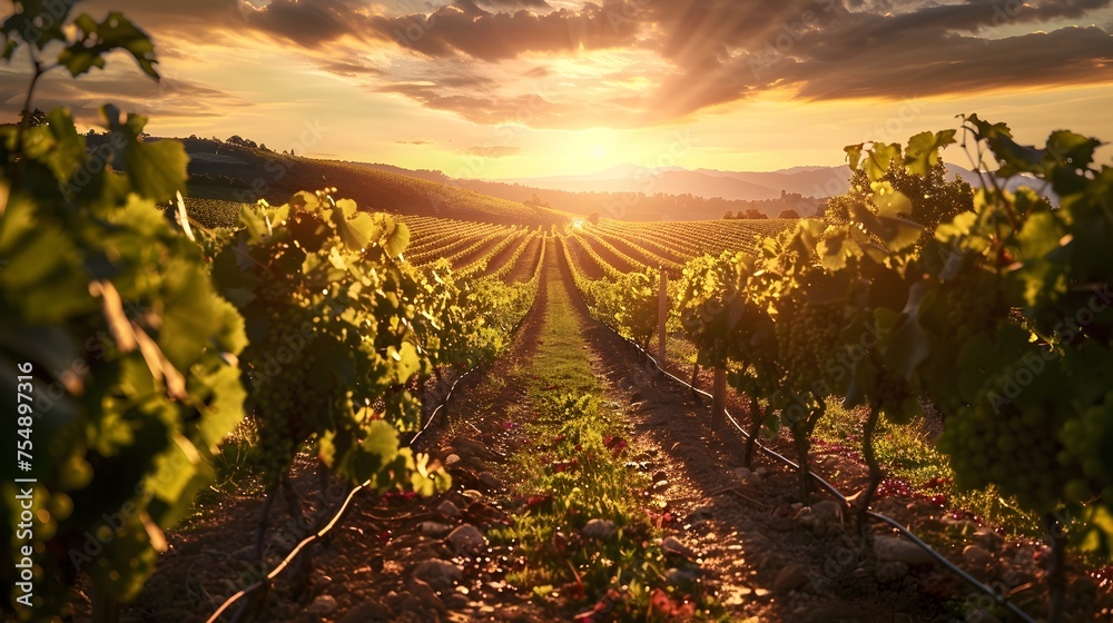 Naklejka premium Golden Sunset Vineyard Panorama Lush Grapevines Bathed in Warm Light