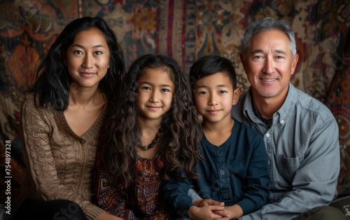 A family of four posing for a photo. The man is wearing a blue shirt and the woman is wearing a brown sweater. The children are smiling and looking at the camera. Scene is happy and warm photo