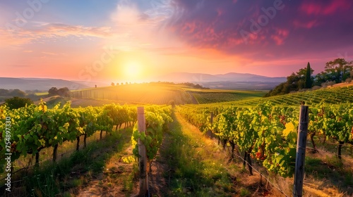 Sunset Vineyard in Tuscany, Italy A Panoramic Grape Haven with Colorful Sky