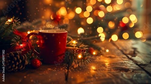 Mug of hot drink with christmas tree and lights on background 
