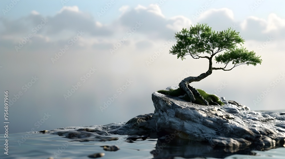Lone Bonsai Tree on Rock in Calm Waters against a Serene Sky - An Elegant Symbol of Strength