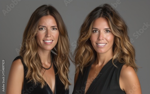 Two women with long brown hair are smiling for the camera. They are wearing black dresses and necklaces