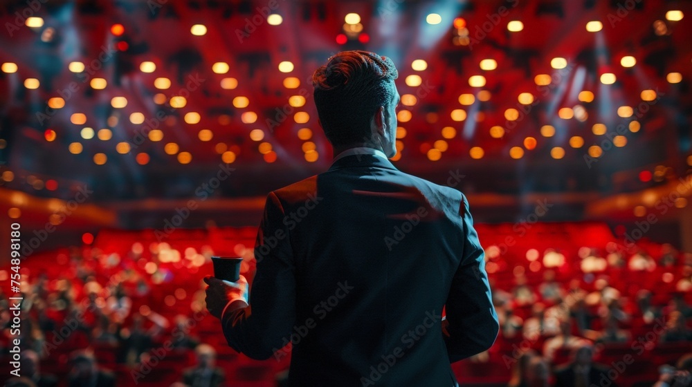 Fototapeta premium Acceptance Speech at Awards Ceremony with Man Holding Cup on Stage