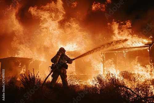 A firefighter in action, using a hose to battle and extinguish a raging inferno to save lives and property. Generative AI
