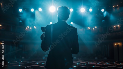 Acceptance Speech at Awards Ceremony with Man Holding Cup on Stage