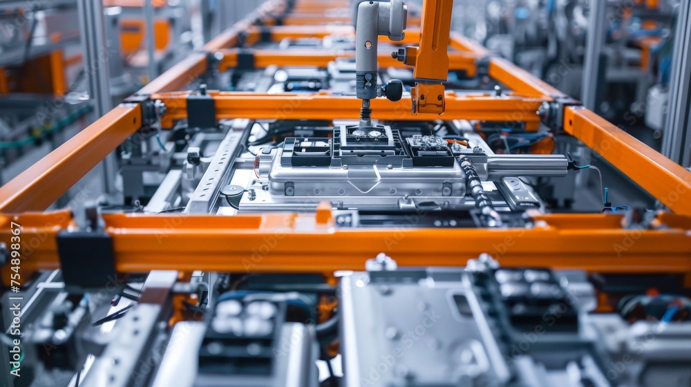 Mass Production Assembly Line of Electric Vehicle Battery Cells Close-Up View Mass Production Assembly Line of Electric Vehicle Battery Cells Close-Up View