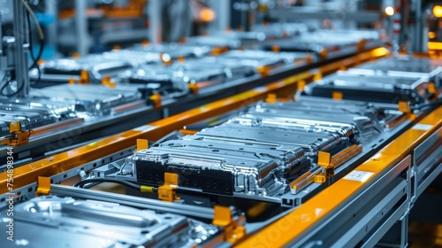Mass Production Assembly Line of Electric Vehicle Battery Cells Close-Up View