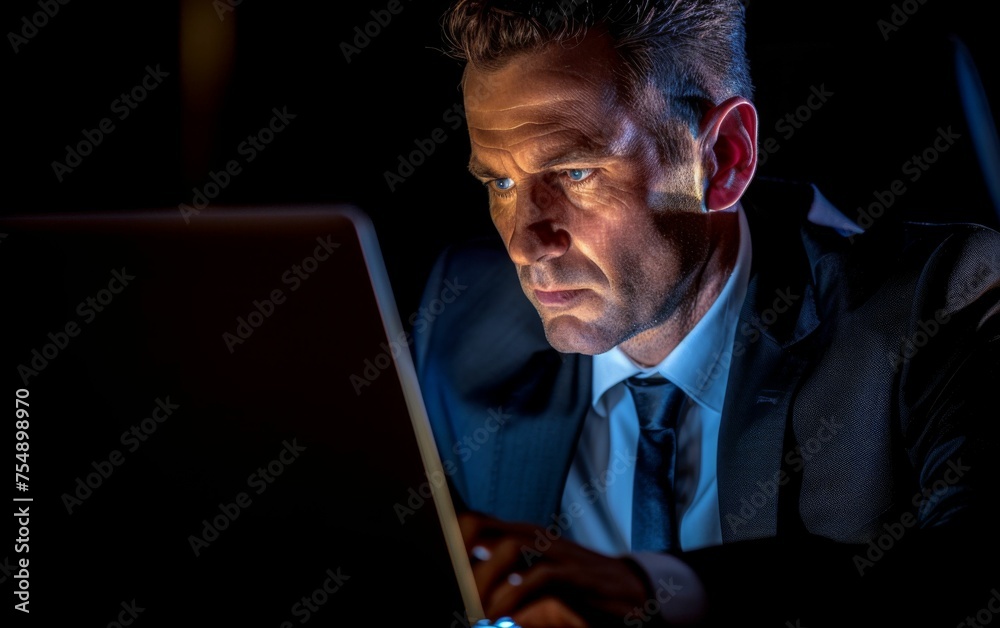 A man is sitting in front of a laptop computer, wearing a suit and tie. He is focused on his work, possibly typing or browsing the internet. Concept of professionalism and productivity A man is sitting in front of a laptop computer, wearing a suit and tie. He is focused on his work, possibly typing or browsing the internet. Concept of professionalism and productivity