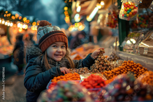 Young happy little girl buying sweets on Christmas market during winter day