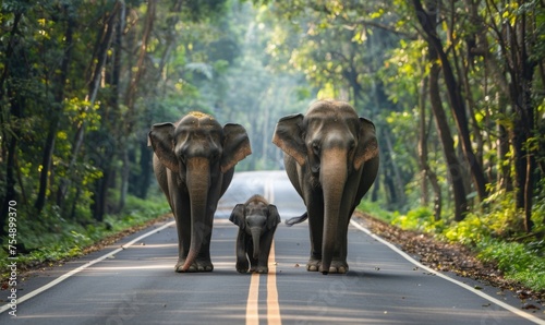 Big Thai elephants  parents and children happily 