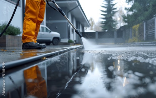 A man in orange boots is cleaning a sidewalk with a pressure washer. The sidewalk is wet and the man is spraying water on it