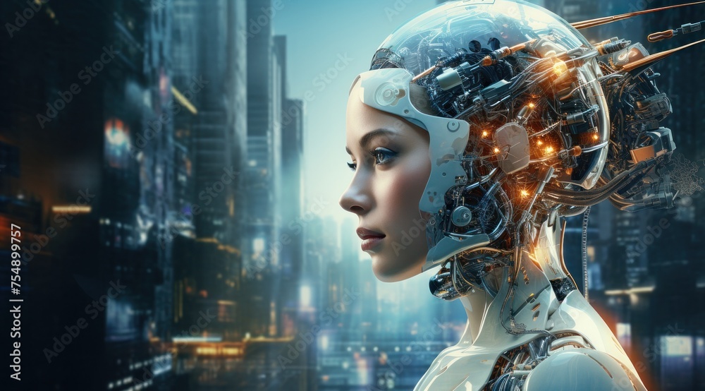 Intelligence artificielle, une femme avec une tête de robot, arrière-plan avec des symboles technologiques, hyperréalisme, axé sur la lumière et l'énergie, image avec espace pour texte. - obrazy, fototapety, plakaty 