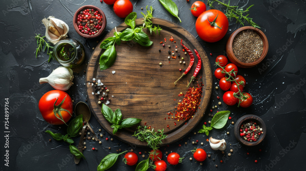 Healthy food background with round wooden cutting board and fresh seasoning, spoon and vegetables. Top view.