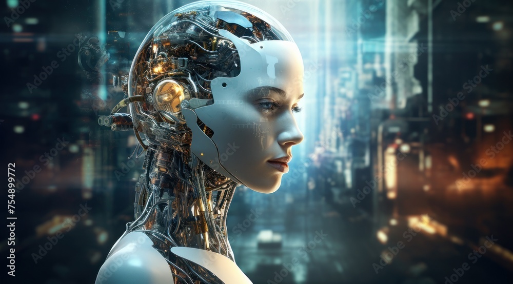 Intelligence artificielle, une femme avec une tête de robot, arrière-plan avec des symboles technologiques, hyperréalisme, axé sur la lumière et l'énergie, image avec espace pour texte. - obrazy, fototapety, plakaty 