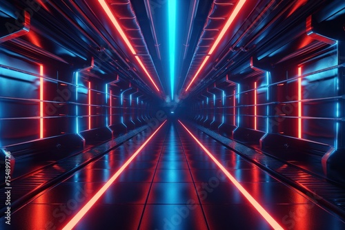 Un couloir sombre avec des lumières de couleur rouge et bleu vives, dans un style d'imagerie futuriste lumineux, image avec espace pour texte. © David Giraud