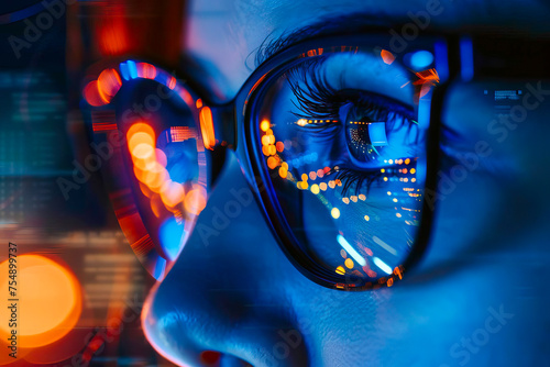 Close-up view of a persons eyes with glasses, looking at a computer monitor. photo