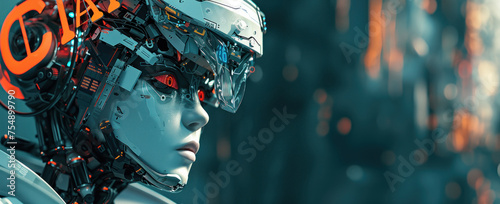 Intelligence artificielle, une femme avec une tête de robot, arrière-plan avec des symboles technologiques, hyperréalisme, axé sur la lumière et l'énergie, image avec espace pour texte.