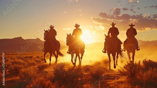 Rodeo Riders Riding in the Sunset Generative AI