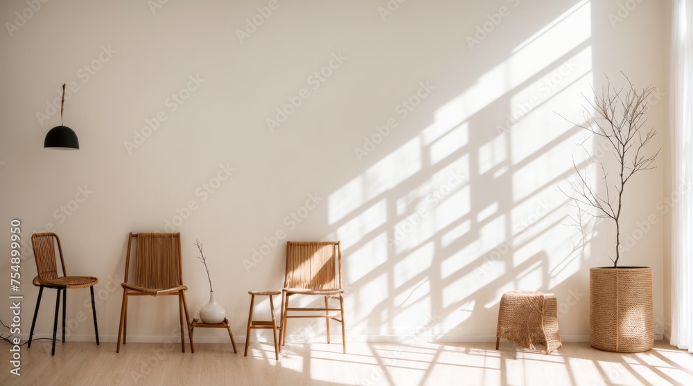 Fototapeta premium Modern minimalist room with contemporary chair and decorative branch