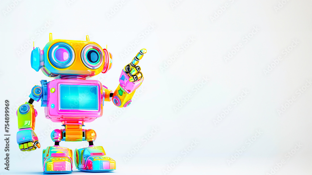 A vibrant toy robot is pointing at something A vibrant toy robot is pointing at something