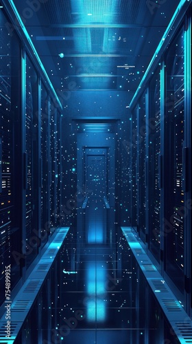 Une salle de serveurs informatique, centre de données, data center dans un style d'imagerie futuriste lumineux, image avec espace pour texte.