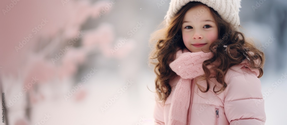 Obraz premium A little girl with long blonde hair is standing in the snow wearing a hat and scarf. She looks happy and her hair is layered under the hat
