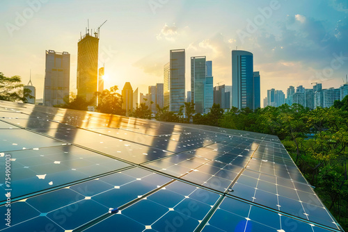 A solar panel positioned in front of a modern city skyline with towering skyscrapers. photo