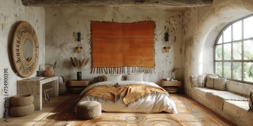 Boho Scandinavian style in farmhouse interior. Beige bedroom with natural wooden furniture.