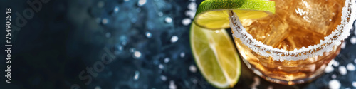 a dynamic close-up of a salt-rimmed tequila shot with lime, suitable for Cinco de Mayo promotions or Mexican restaurant menus.