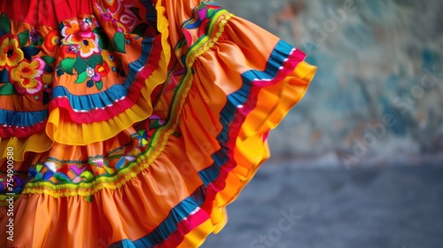a part of a colorful, flowing skirt of a Mexican folkloric dance costume, suitable for cultural festival promotions or dance performance advertisements.