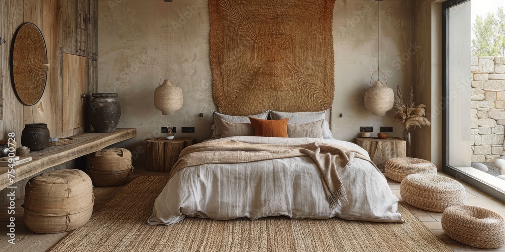 Boho Scandinavian style in farmhouse interior. Beige bedroom with natural wooden furniture.