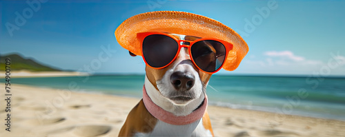 Funny dog with sunglasses and hat on the summer beach. copy space for your text.