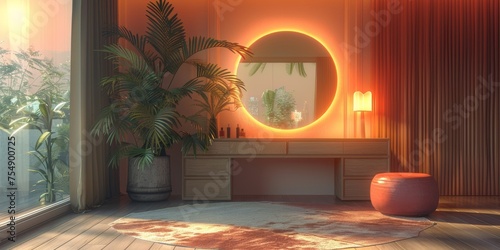 Boho Scandinavian style in farmhouse interior. Beige bedroom with natural wooden furniture.