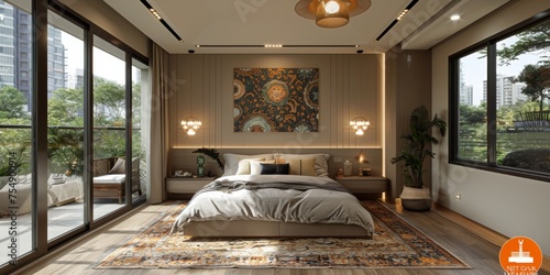 Boho Scandinavian style in farmhouse interior. Beige bedroom with natural wooden furniture.