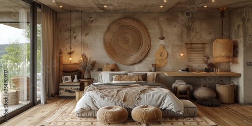 Boho Scandinavian style in farmhouse interior. Beige bedroom with natural wooden furniture.