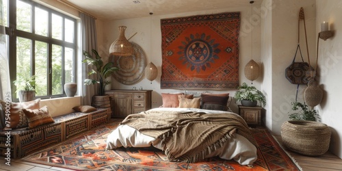 Boho Scandinavian style in farmhouse interior. Beige bedroom with natural wooden furniture.