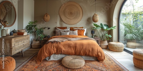 Boho Scandinavian style in farmhouse interior. Beige bedroom with natural wooden furniture.