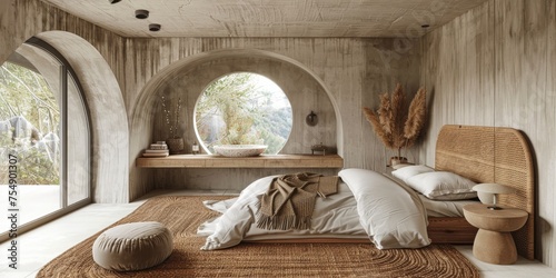 Boho Scandinavian style in farmhouse interior. Beige bedroom with natural wooden furniture.