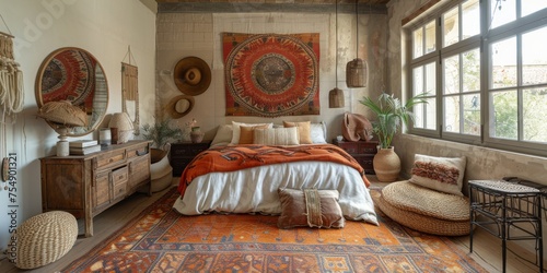 Boho Scandinavian style in farmhouse interior. Beige bedroom with natural wooden furniture.