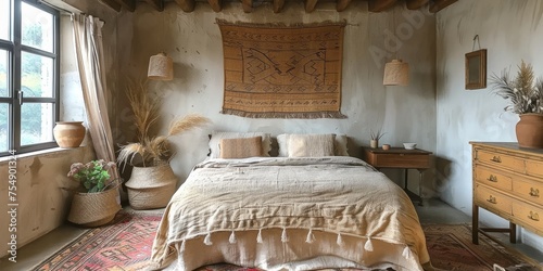 Boho Scandinavian style in farmhouse interior. Beige bedroom with natural wooden furniture.