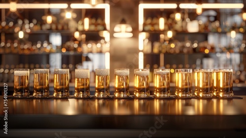 Row of draft beer glasses on blurred bar background