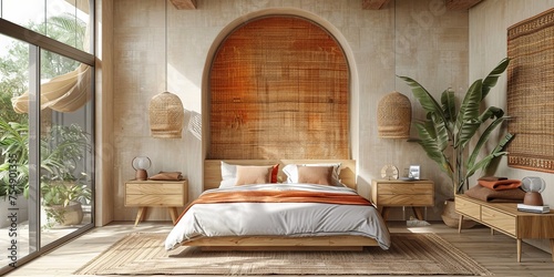 Boho Scandinavian style in farmhouse interior. Beige bedroom with natural wooden furniture.