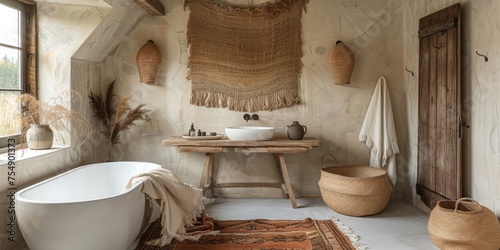 Boho Scandinavian style in farmhouse interior. Beige bedroom with natural wooden furniture.