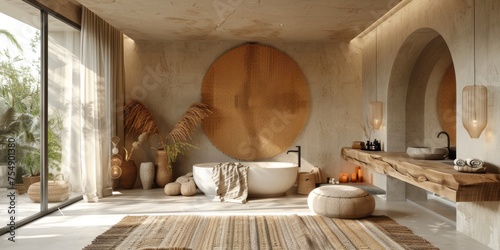 Boho Scandinavian style in farmhouse interior. Beige bedroom with natural wooden furniture.