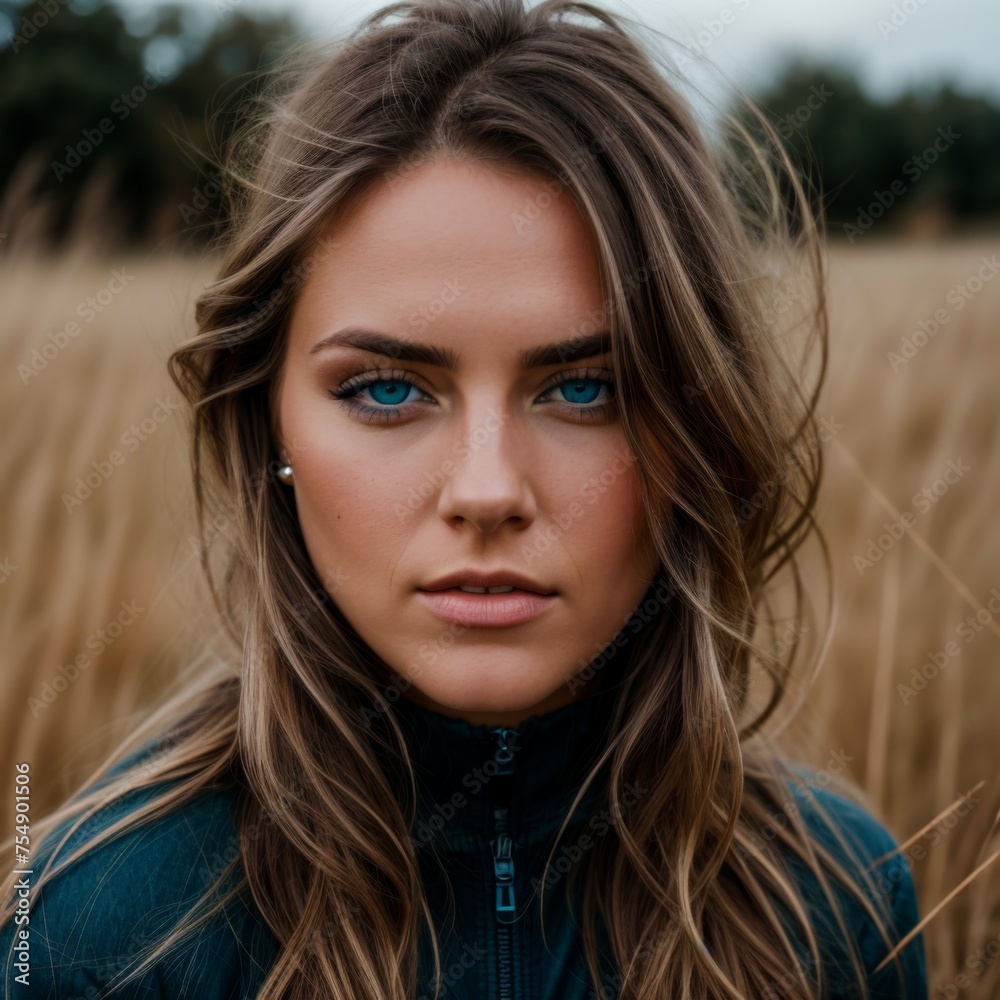 Fototapeta premium Serene beauty with piercing sapphire eyes in grassy expanse