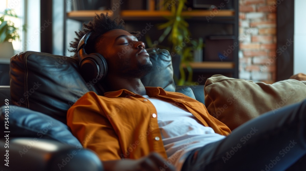 A man is laying on a couch with headphones on his ears. He is wearing an orange shirt and he is sleeping